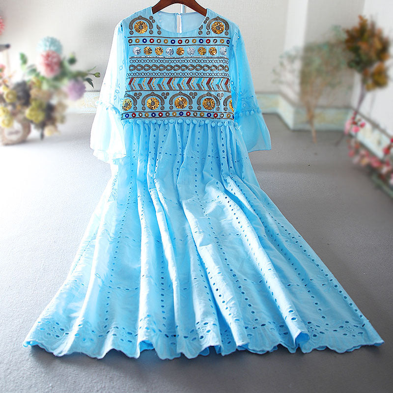 Cotton And Linen Long Dress Ethnic Embroidery Flower Dress