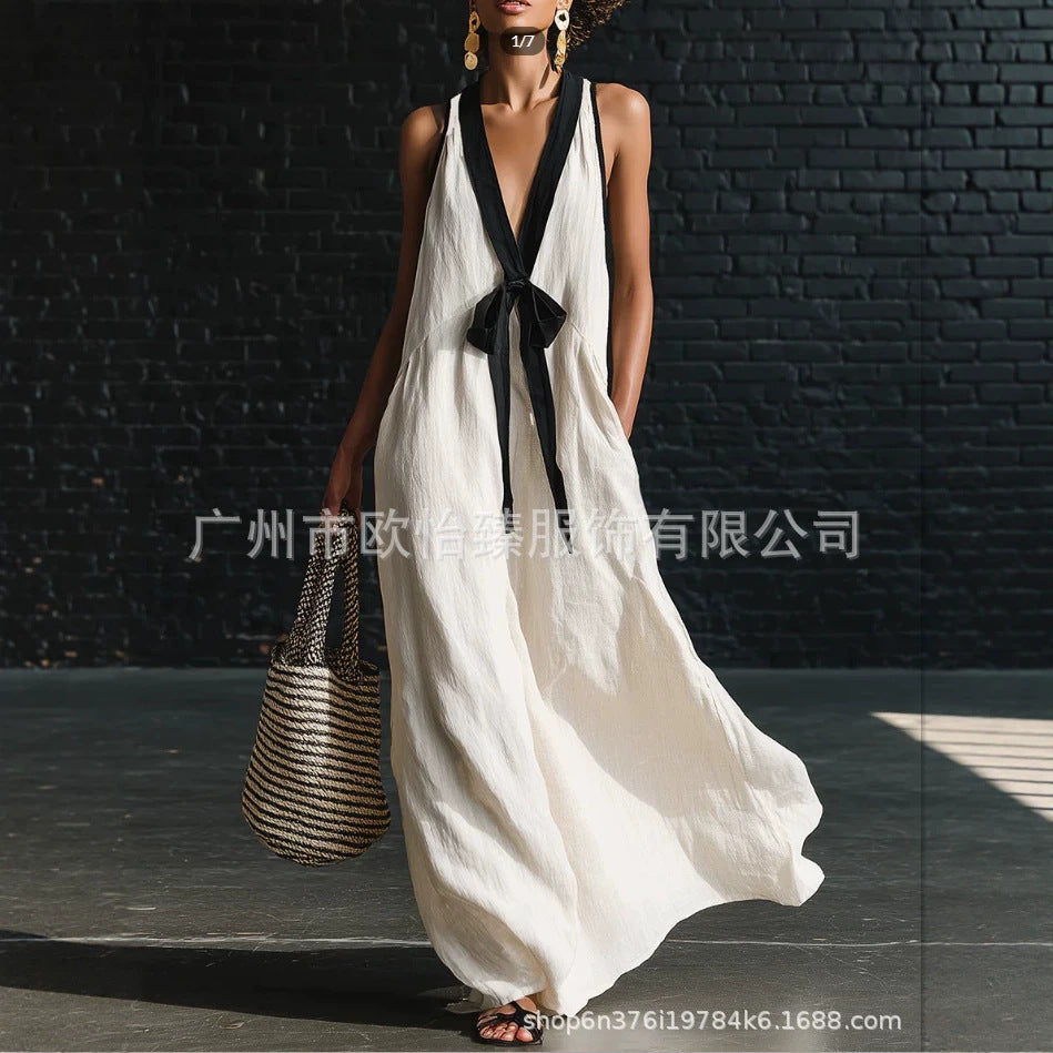 Cotton blend Summer New Women's Classic Elegant Contrast Color Tie Long Skirt
